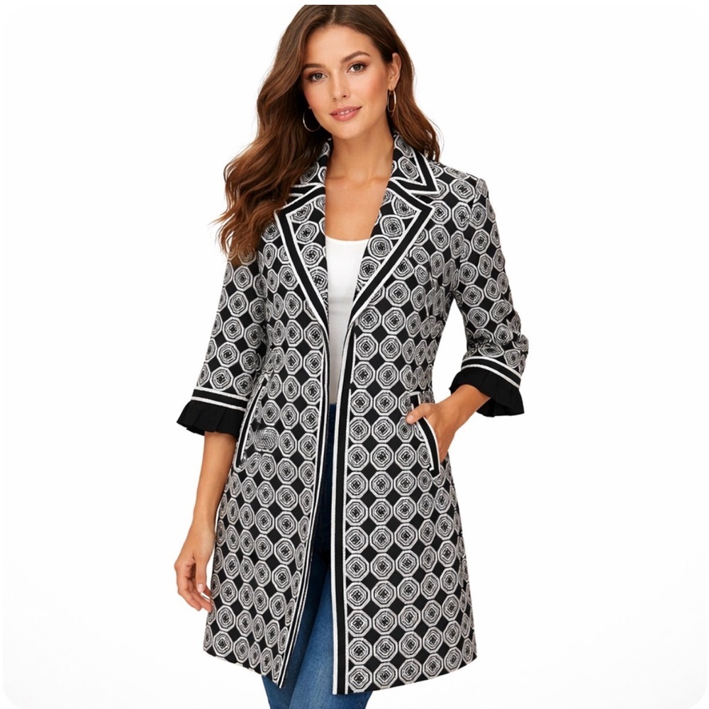 Tahari Calypso Coat Black White Geometric Embroidered Jacket Size Small